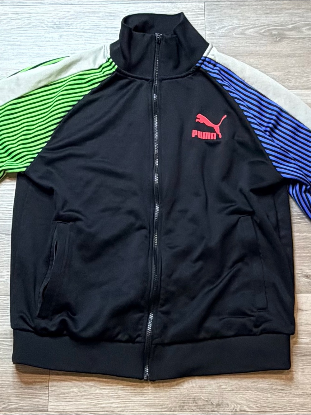 Puma Black Jacket with Neon Green & Royal Blue Striped Sleeves